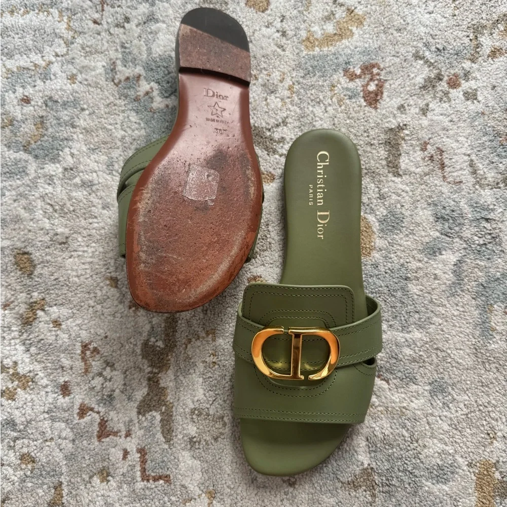 Dior - Montaigne Olive Green Slide Sandals with Gold Buckle - Picture 6 of 6